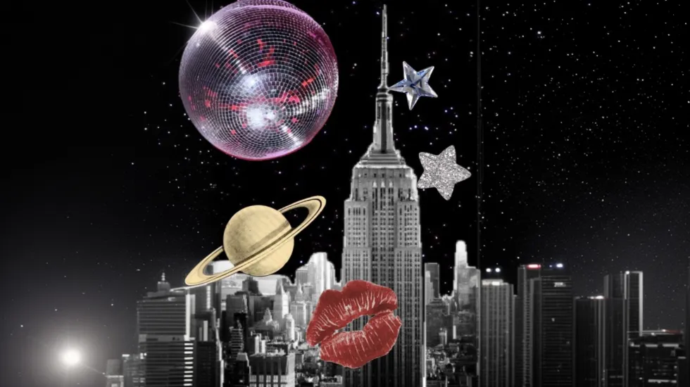 nightlife, sky scrappers, kiss lips, planet, and disco ball