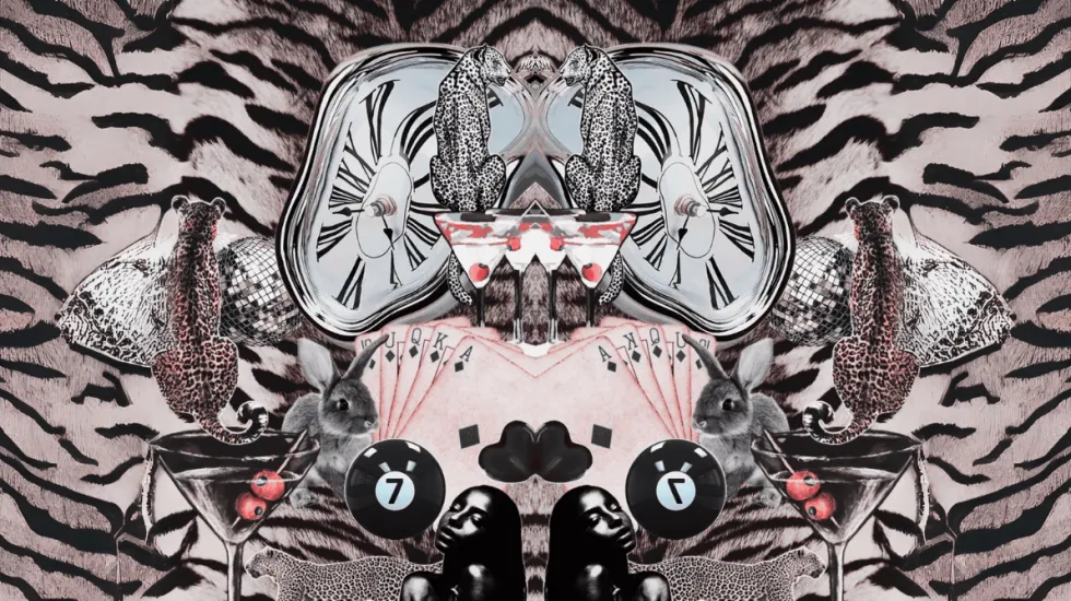 Nightlife symbols; 7 8ball, woman, clock, wine