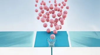 Many basketballs falling into the rim at once, blue sky