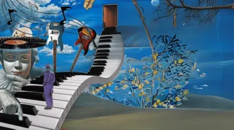 Casual symbols in daytime, music, face, door, and piano in the sky